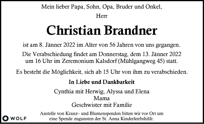  Traueranzeige für Christian Brandner vom 12.01.2022 aus Kleine Zeitung