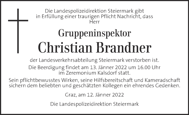  Traueranzeige für Christian Brandner vom 13.01.2022 aus Kleine Zeitung