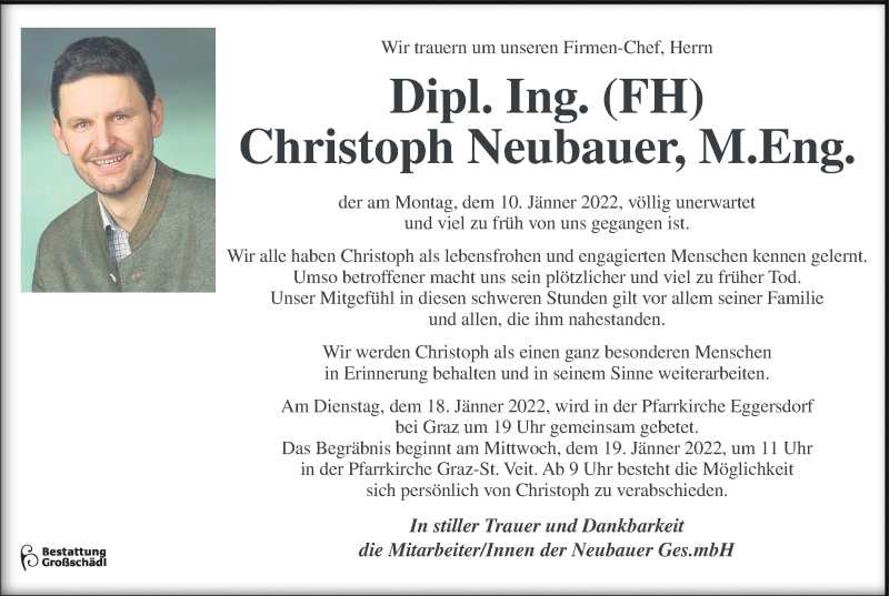 Traueranzeige für Christoph Neubauer vom 16.01.2022 aus Kleine Zeitung