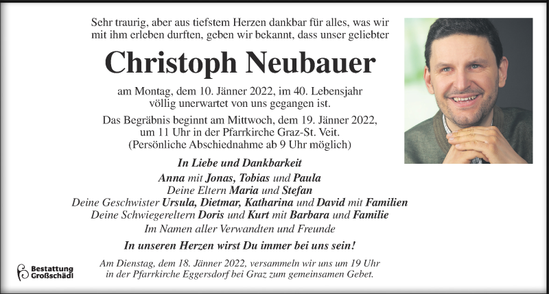  Traueranzeige für Christoph Neubauer vom 16.01.2022 aus Kleine Zeitung