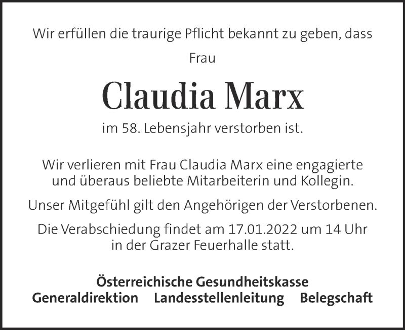 Traueranzeige für Claudia Marx vom 16.01.2022 aus Kleine Zeitung