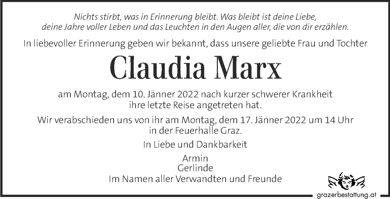  Traueranzeige für Claudia Marx vom 15.01.2022 aus Kleine Zeitung