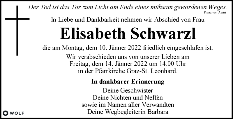  Traueranzeige für Elisabeth Schwarzl vom 14.01.2022 aus Kleine Zeitung