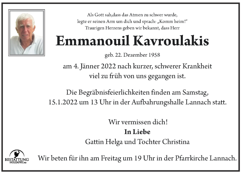  Traueranzeige für Emmanouil Kavroulakis vom 12.01.2022 aus Kleine Zeitung