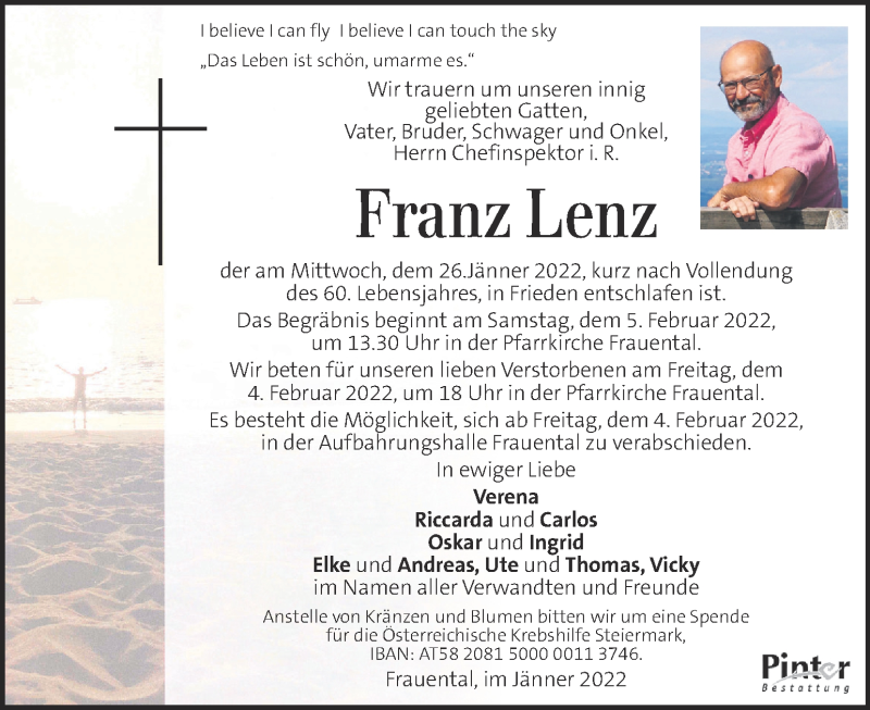  Traueranzeige für Franz Lenz vom 01.02.2022 aus Kleine Zeitung