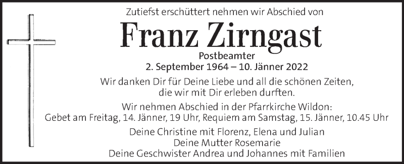  Traueranzeige für Franz Zirngast vom 13.01.2022 aus Kleine Zeitung