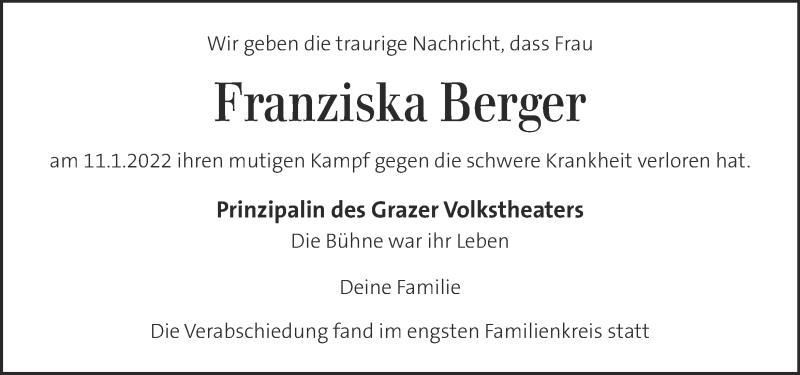  Traueranzeige für Franziska Berger vom 21.01.2022 aus Kleine Zeitung
