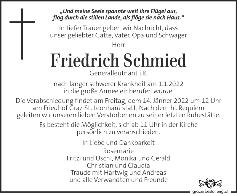  Traueranzeige für Friedrich Schmied vom 09.01.2022 aus Kleine Zeitung