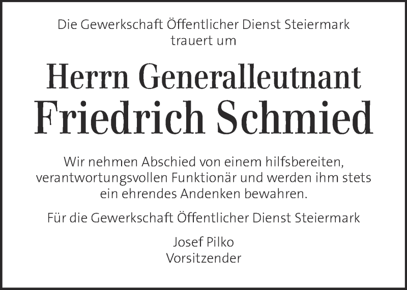  Traueranzeige für Friedrich Schmied vom 14.01.2022 aus Kleine Zeitung