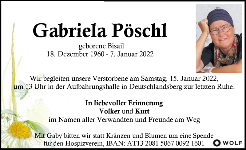  Traueranzeige für Gabriela Pöschl vom 13.01.2022 aus Kleine Zeitung