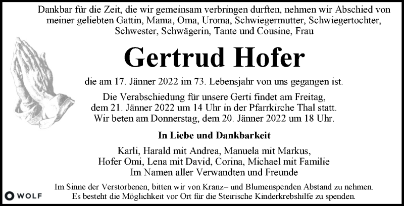 Traueranzeige für Gertrud Hofer vom 20.01.2022 aus Kleine Zeitung