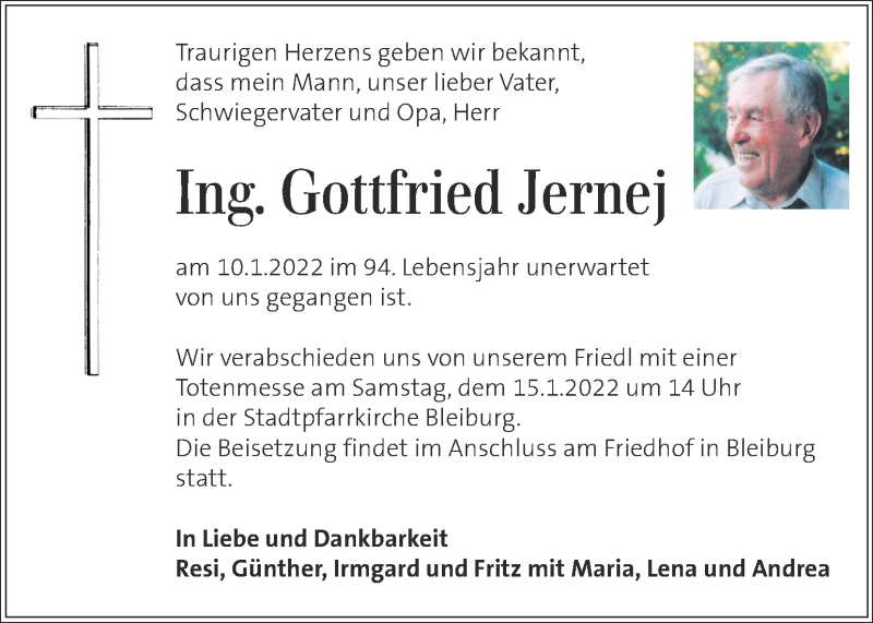  Traueranzeige für Gottfried Jernej vom 13.01.2022 aus Kleine Zeitung