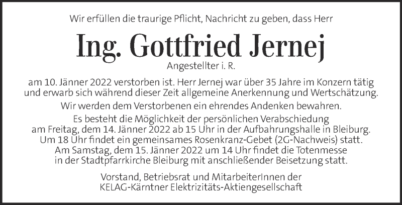  Traueranzeige für Gottfried Jernej vom 14.01.2022 aus Kleine Zeitung
