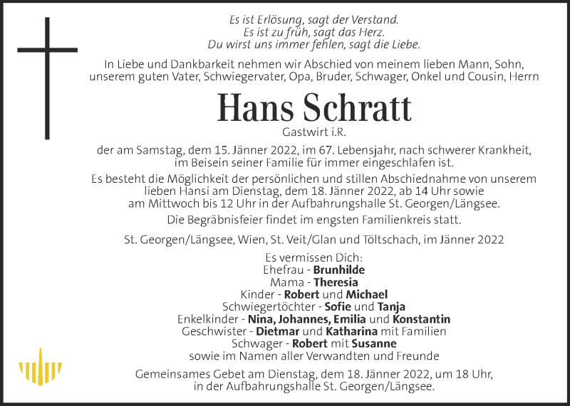 Traueranzeige für Hans Schratt vom 18.01.2022 aus Kleine Zeitung