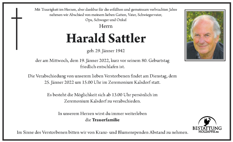  Traueranzeige für Harald Sattler vom 23.01.2022 aus Kleine Zeitung