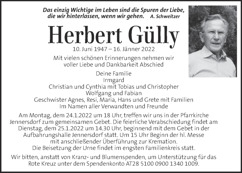  Traueranzeige für Herbert Gülly vom 19.01.2022 aus Kleine Zeitung