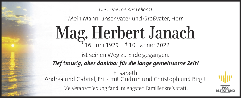  Traueranzeige für Herbert Janach vom 14.01.2022 aus Kleine Zeitung