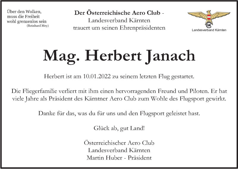  Traueranzeige für Herbert Janach vom 18.01.2022 aus Kleine Zeitung