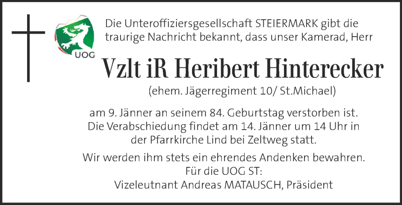  Traueranzeige für Heribert Hinterecker vom 13.01.2022 aus Kleine Zeitung