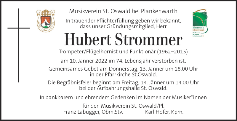  Traueranzeige für Hubert Strommer vom 13.01.2022 aus Kleine Zeitung