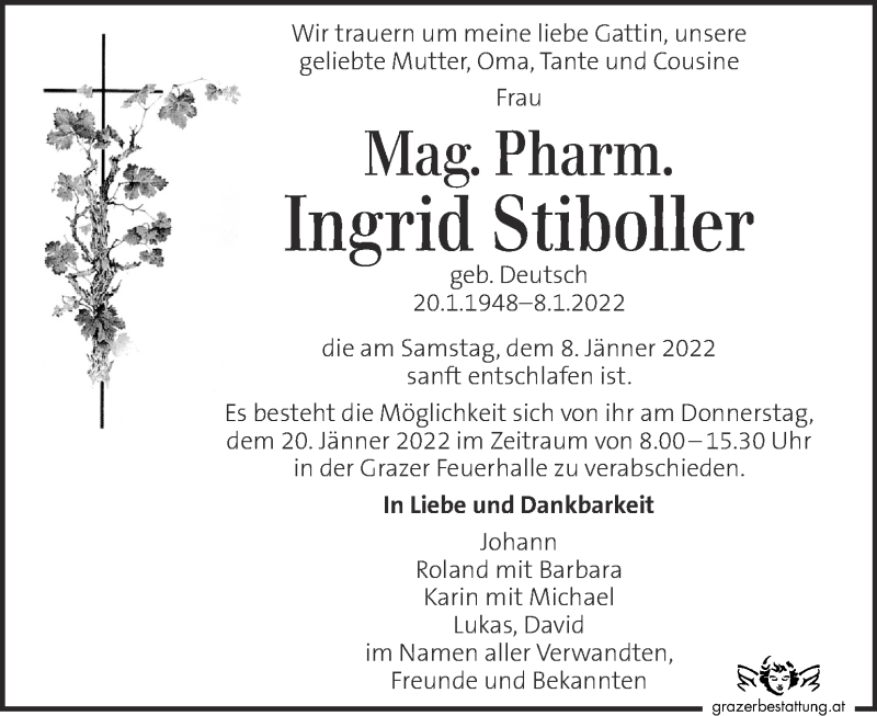  Traueranzeige für Ingrid Stiboller vom 16.01.2022 aus Kleine Zeitung