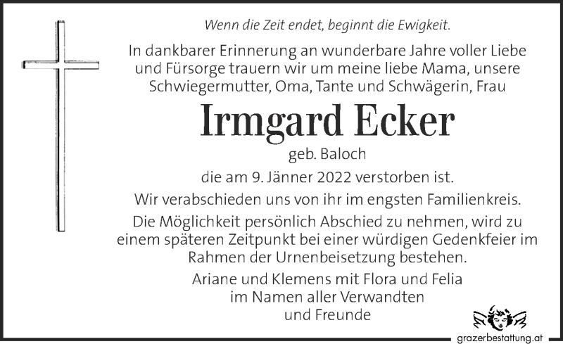  Traueranzeige für Irmgard Ecker vom 12.01.2022 aus Kleine Zeitung