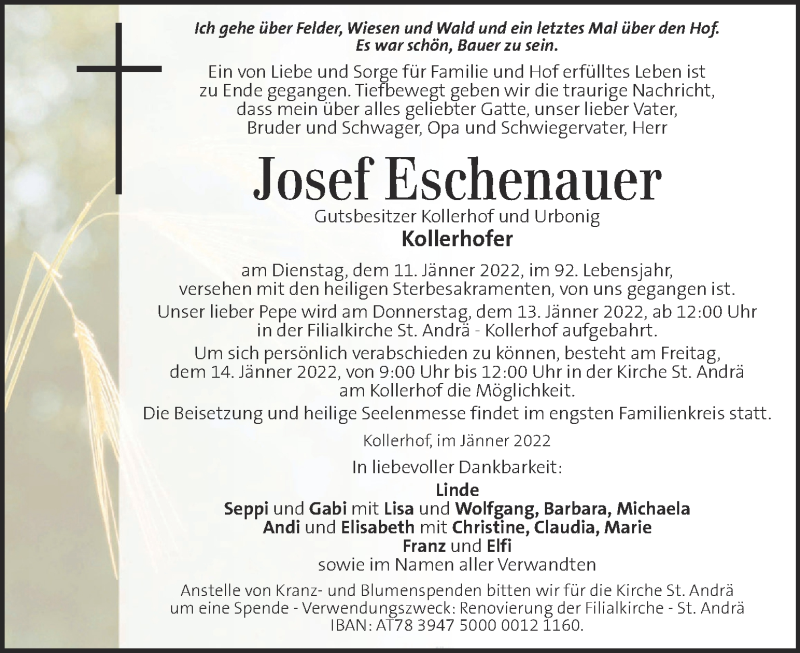  Traueranzeige für Josef Eschenauer vom 13.01.2022 aus Kleine Zeitung