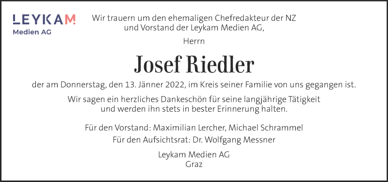  Traueranzeige für Josef Riedler vom 18.01.2022 aus Kleine Zeitung