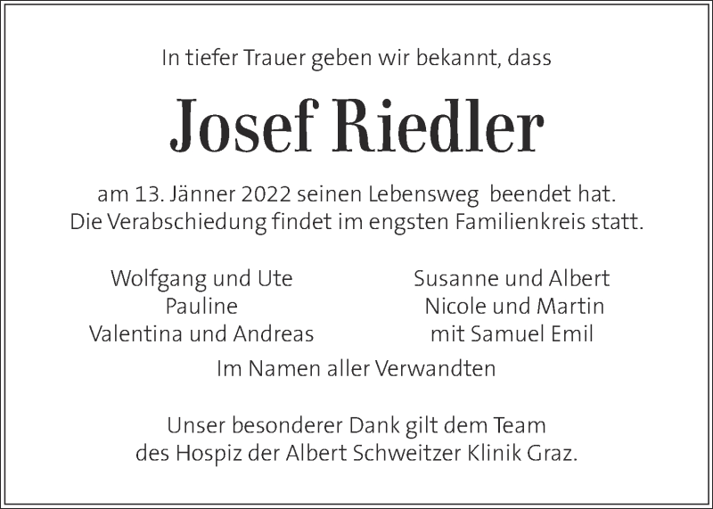  Traueranzeige für Josef Riedler vom 18.01.2022 aus Kleine Zeitung