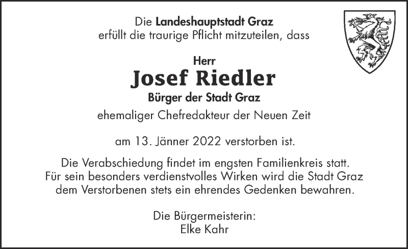  Traueranzeige für Josef Riedler vom 19.01.2022 aus Kleine Zeitung