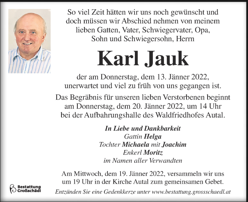  Traueranzeige für Karl Jauk vom 18.01.2022 aus Kleine Zeitung