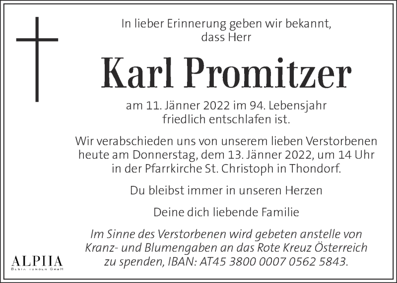  Traueranzeige für Karl Promitzer vom 13.01.2022 aus Kleine Zeitung