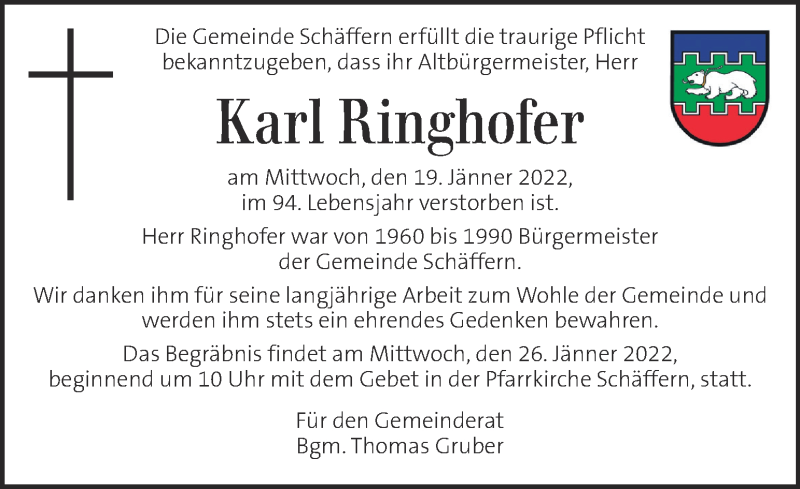  Traueranzeige für Karl Ringhofer vom 23.01.2022 aus Kleine Zeitung