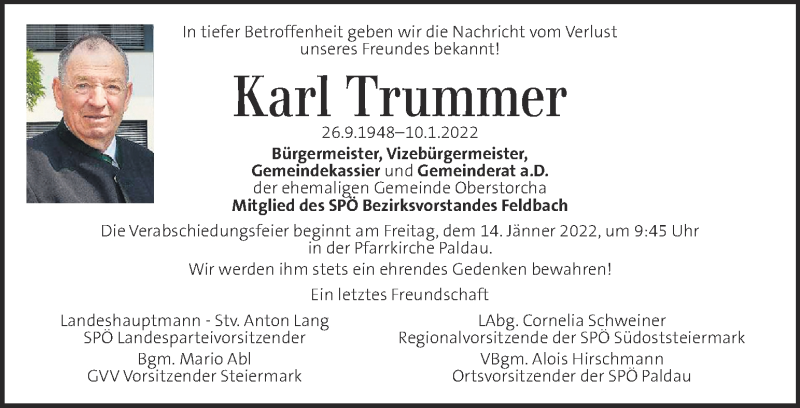  Traueranzeige für Karl Trummer vom 13.01.2022 aus Kleine Zeitung