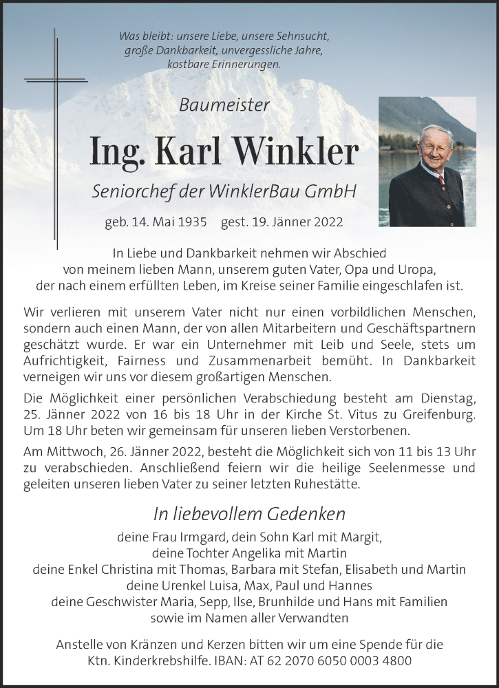 Traueranzeige für Karl Winkler vom 22.01.2022 aus Kleine Zeitung