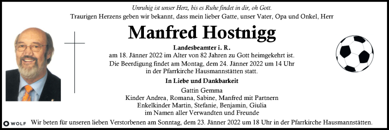  Traueranzeige für Manfred Hostnigg vom 20.01.2022 aus Kleine Zeitung