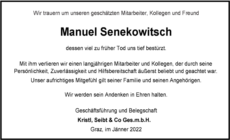  Traueranzeige für Manuel Senekowitsch vom 26.01.2022 aus Kleine Zeitung