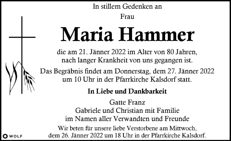  Traueranzeige für Maria Hammer vom 26.01.2022 aus Kleine Zeitung