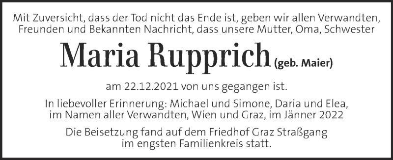  Traueranzeige für Maria Rupprich vom 18.01.2022 aus Kleine Zeitung