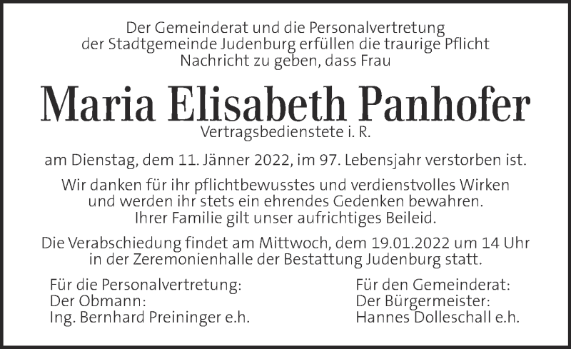  Traueranzeige für Maria Elisabeth Panhofer vom 15.01.2022 aus Kleine Zeitung