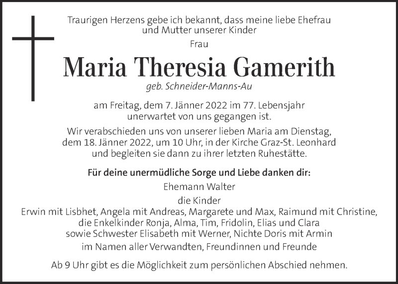  Traueranzeige für Maria Theresia Gamerith vom 14.01.2022 aus Kleine Zeitung