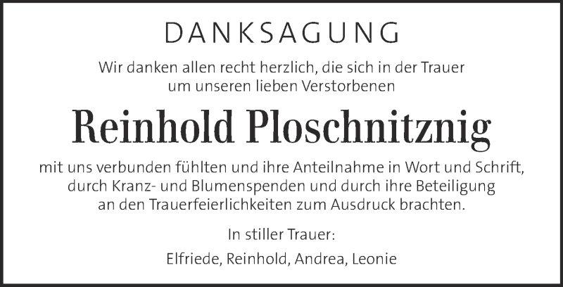  Traueranzeige für Reinhold Ploschnitznig vom 30.01.2022 aus Kleine Zeitung