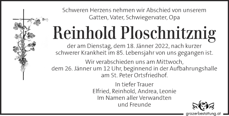  Traueranzeige für Reinhold Ploschnitznig vom 23.01.2022 aus Kleine Zeitung