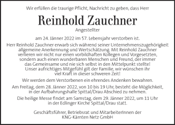 Traueranzeige von Reinhold Zauchner von Kleine Zeitung