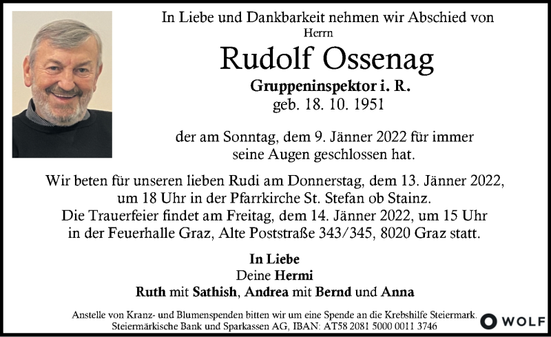  Traueranzeige für Rudolf Ossenag vom 12.01.2022 aus Kleine Zeitung