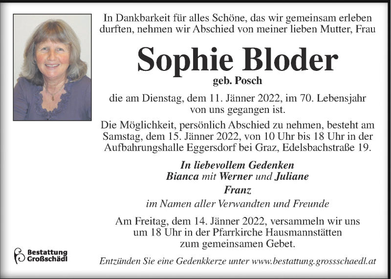  Traueranzeige für Sophie Bloder vom 13.01.2022 aus Kleine Zeitung