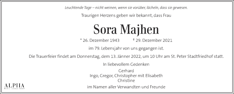  Traueranzeige für Sora Majhen vom 09.01.2022 aus Kleine Zeitung