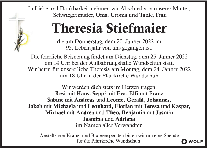  Traueranzeige für Theresia Stiefmaier vom 22.01.2022 aus Kleine Zeitung