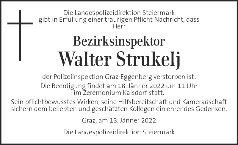  Traueranzeige für Walter Strukelj vom 14.01.2022 aus Kleine Zeitung