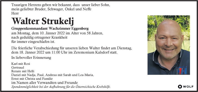  Traueranzeige für Walter Strukelj vom 14.01.2022 aus Kleine Zeitung